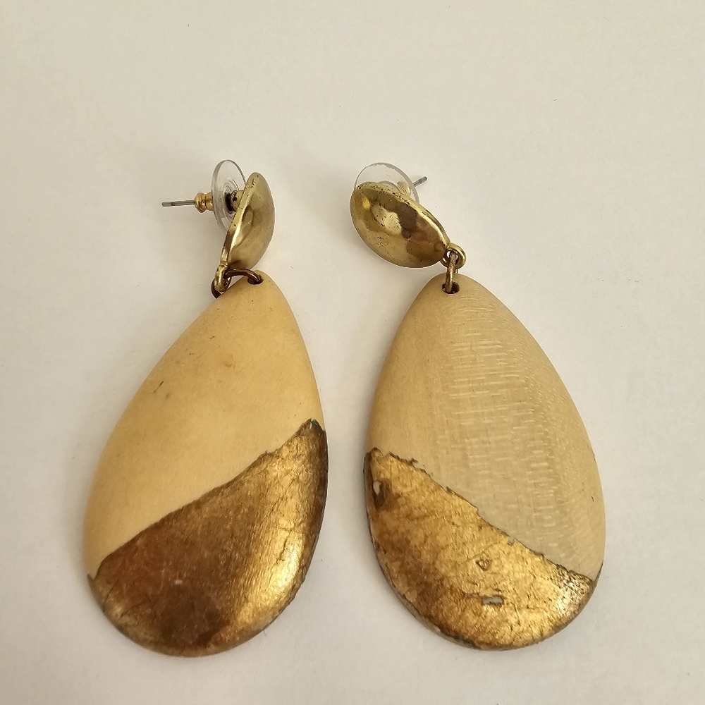 Chico's Vintage Wood & Gold Dipped Teardrop Earrings | Large Statement Dangles